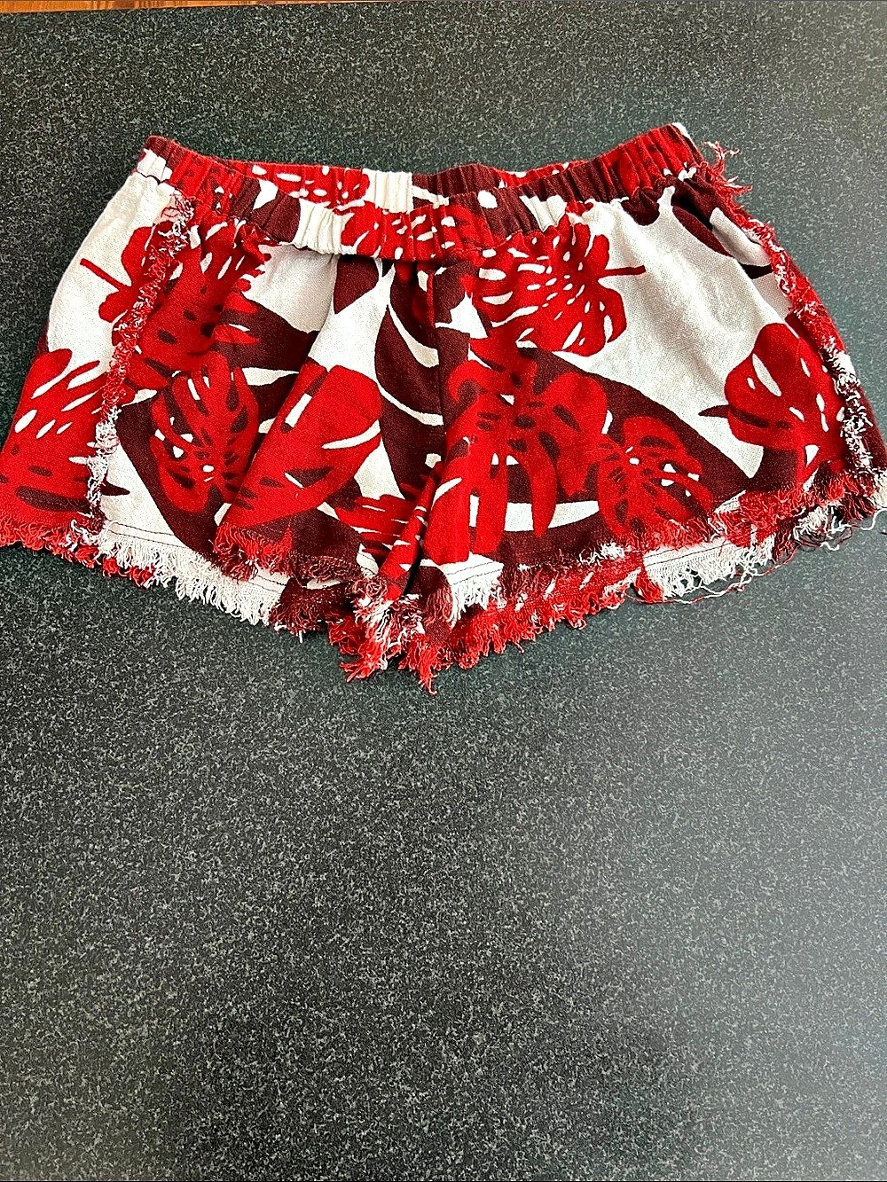 Mikoh Floral Fringe elastic waist linen lShorts in Red & White
